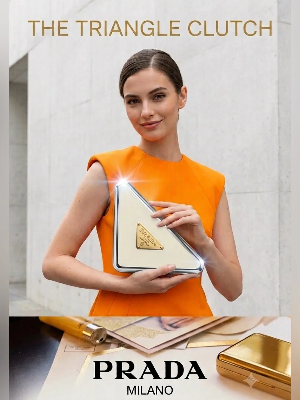 Prada Gold-Tone Triangle Logo Metallic Clutch 7*7*10 inches